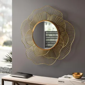Artemade Iron Framed Decorative Wall Mounted Round Hanging Mirror Vintage Flower Leaf Design Golden Modern Art Mirror for Living Room, Home Decor (60 Cm)