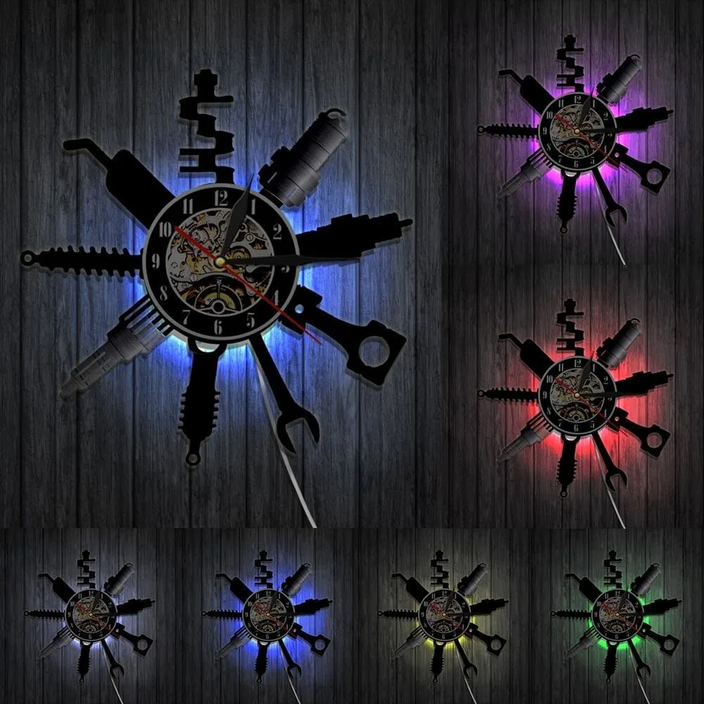 Auto Repair Shop Wall Sign Decorative Modern Led Vinyl Record Wall Clock Car