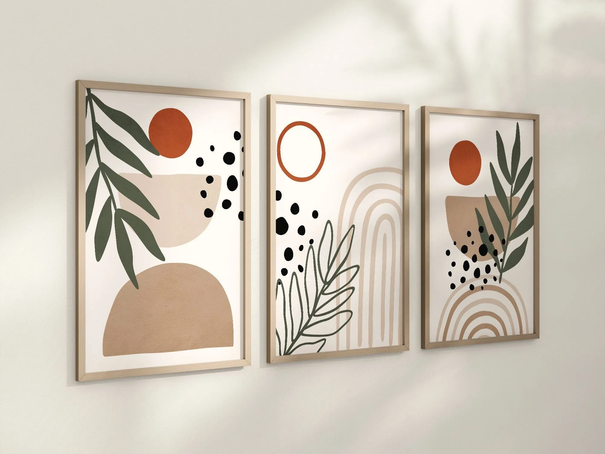 Boho Abstract Wall Art Prints, Boho Wall Decor Set of 3 Art Prints, Minimalist Wall Art, Beige, Green Terracotta, 046