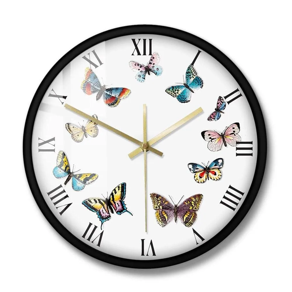 Colorful Butterflies with Roman Numerals Modern Wall Clock Bedroom Kitchen