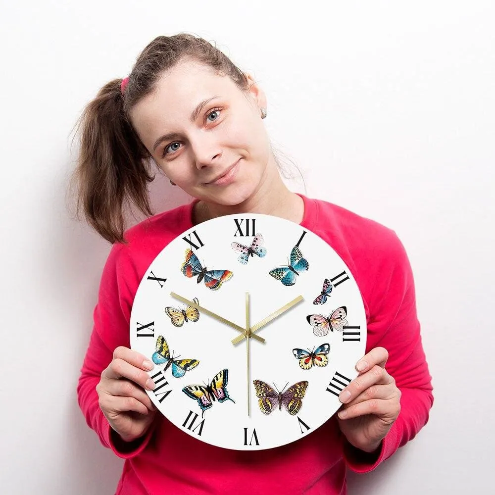 Colorful Butterflies with Roman Numerals Modern Wall Clock Bedroom Kitchen
