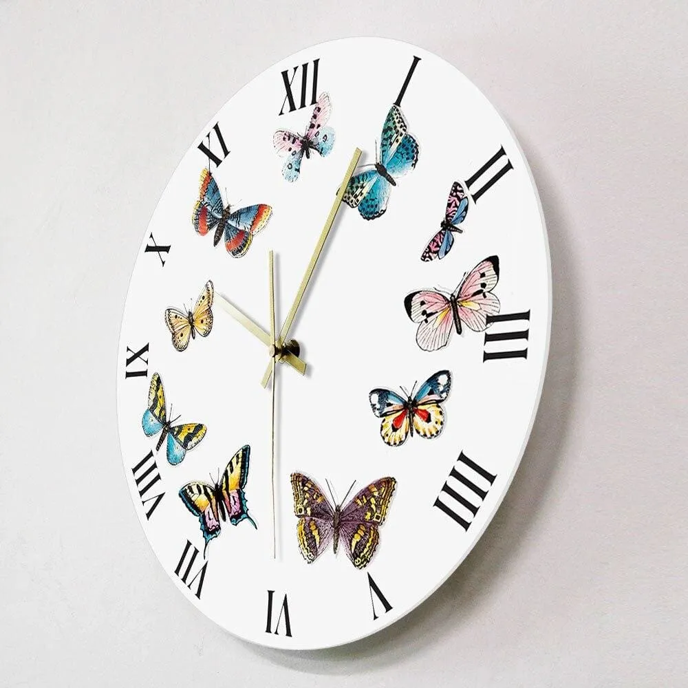 Colorful Butterflies with Roman Numerals Modern Wall Clock Bedroom Kitchen