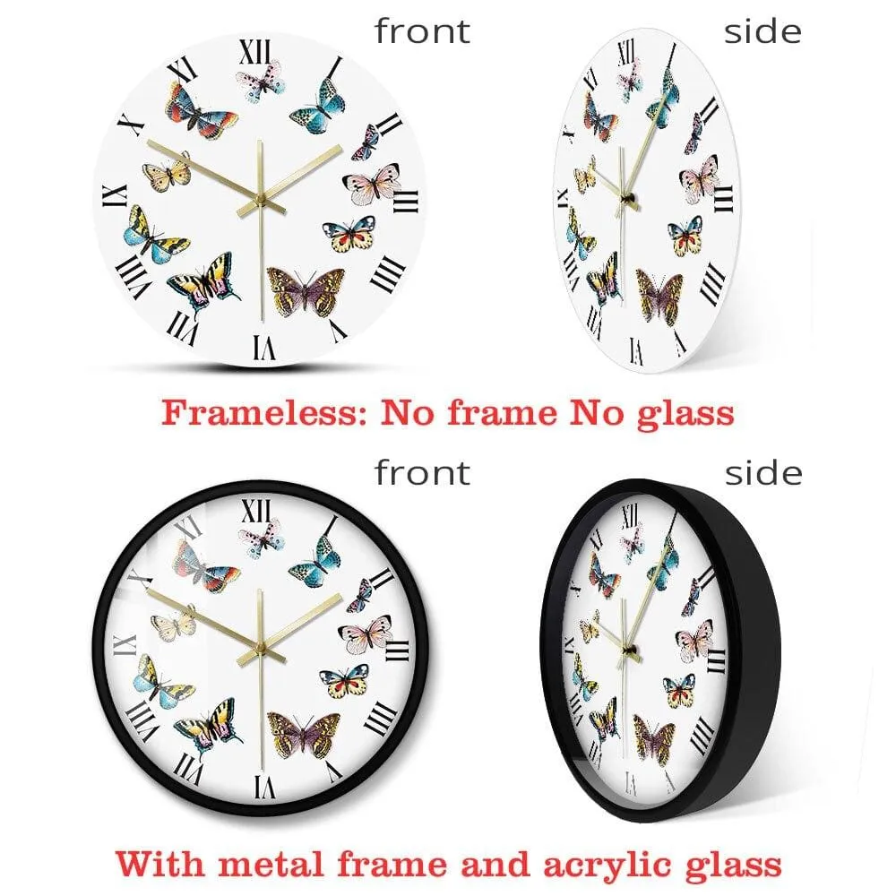 Colorful Butterflies with Roman Numerals Modern Wall Clock Bedroom Kitchen