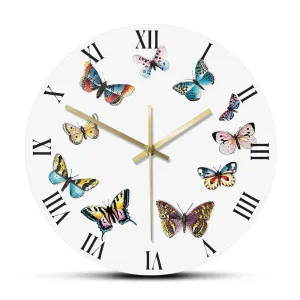 Colorful Butterflies with Roman Numerals Modern Wall Clock Bedroom Kitchen