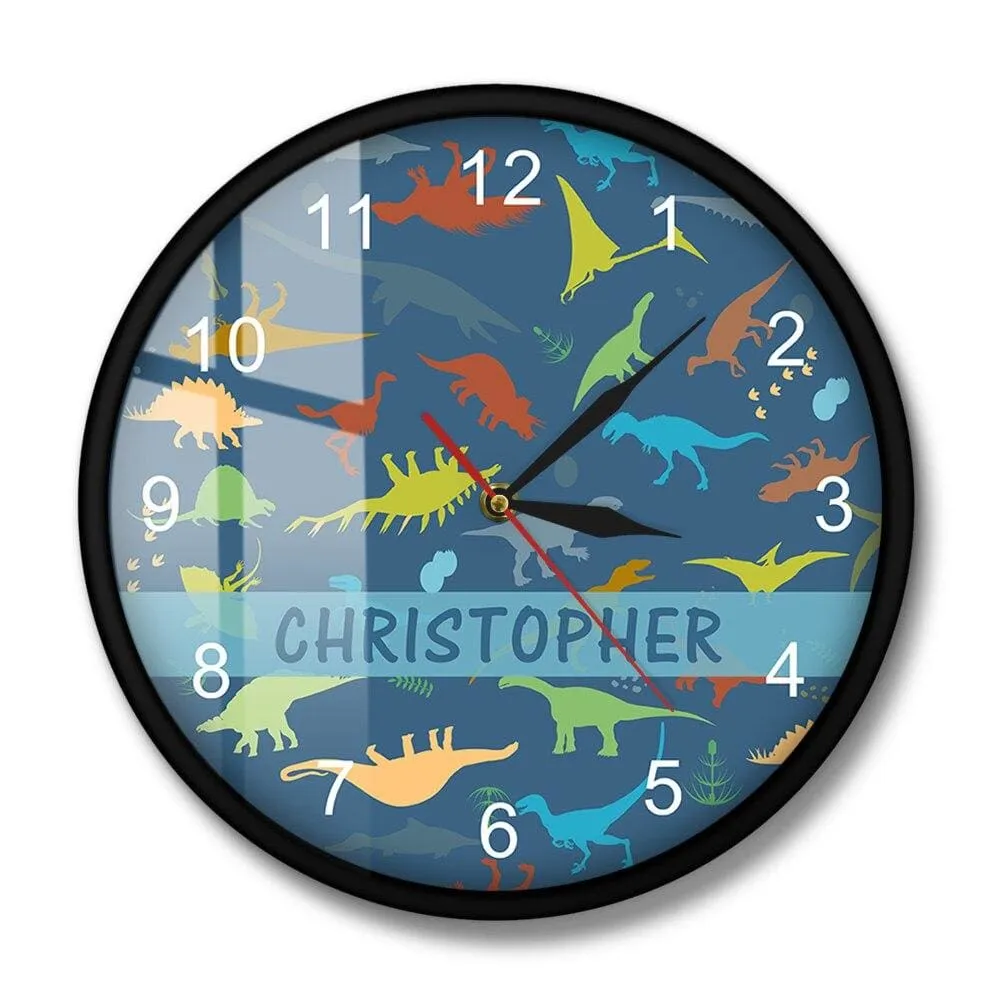 Colorful Dinosaur with Numbers Personalised Name Modern Wall Clock Jurassic