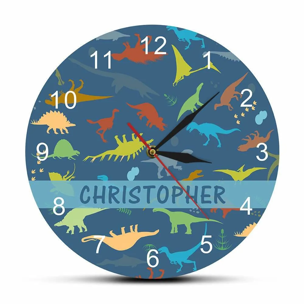 Colorful Dinosaur with Numbers Personalised Name Modern Wall Clock Jurassic