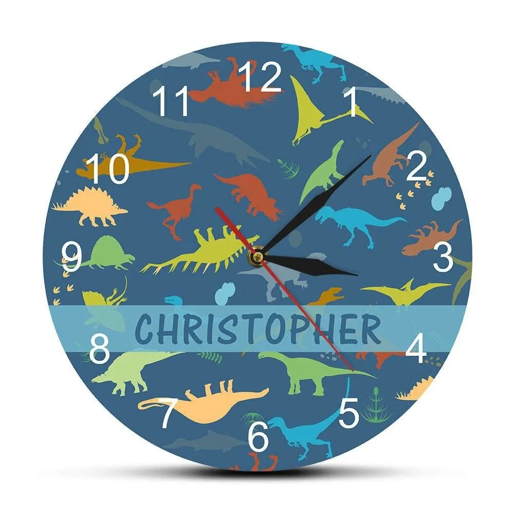 Colorful Dinosaur with Numbers Personalised Name Modern Wall Clock Jurassic