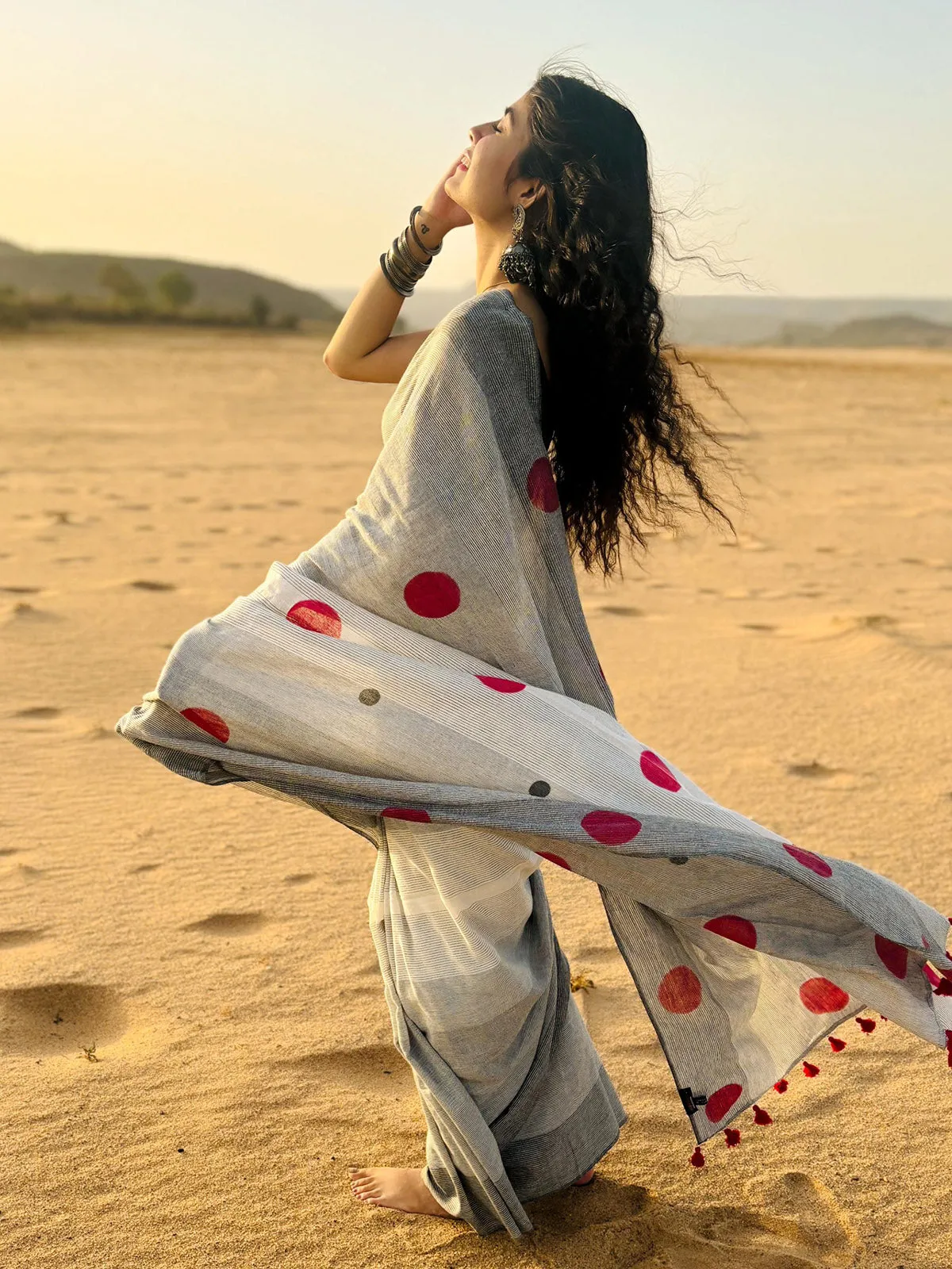 Geometry Grey Red Dots Saree