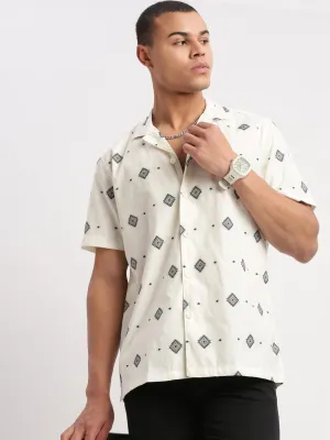 Men Cuban Collar Geometric Printed Cream Shirt
