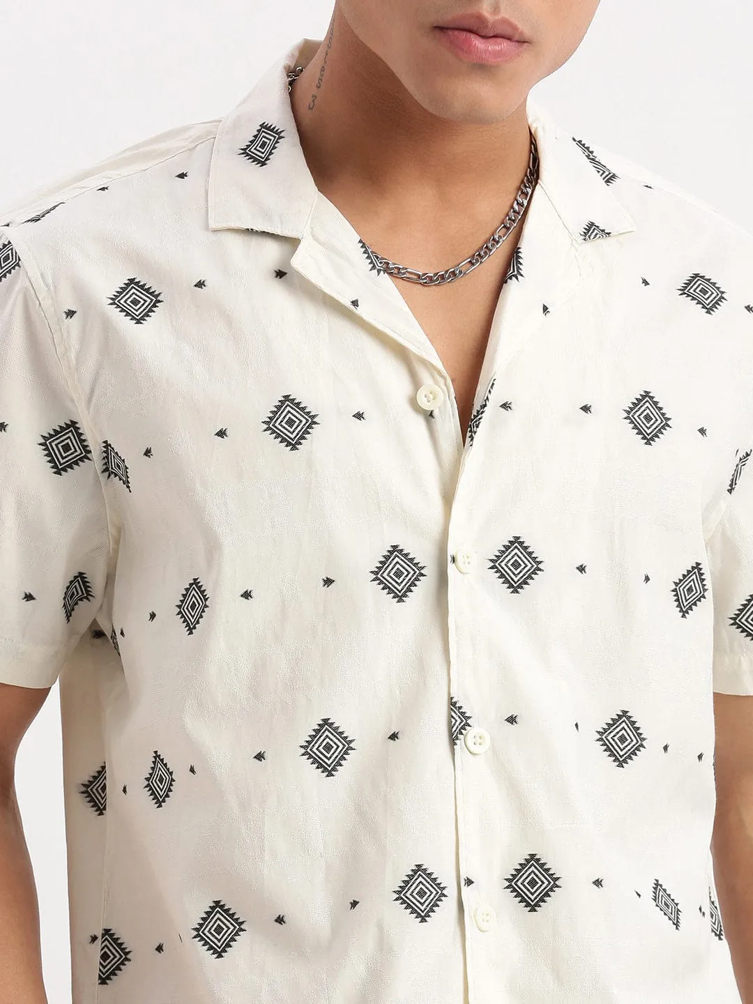 Men Cuban Collar Geometric Printed Cream Shirt