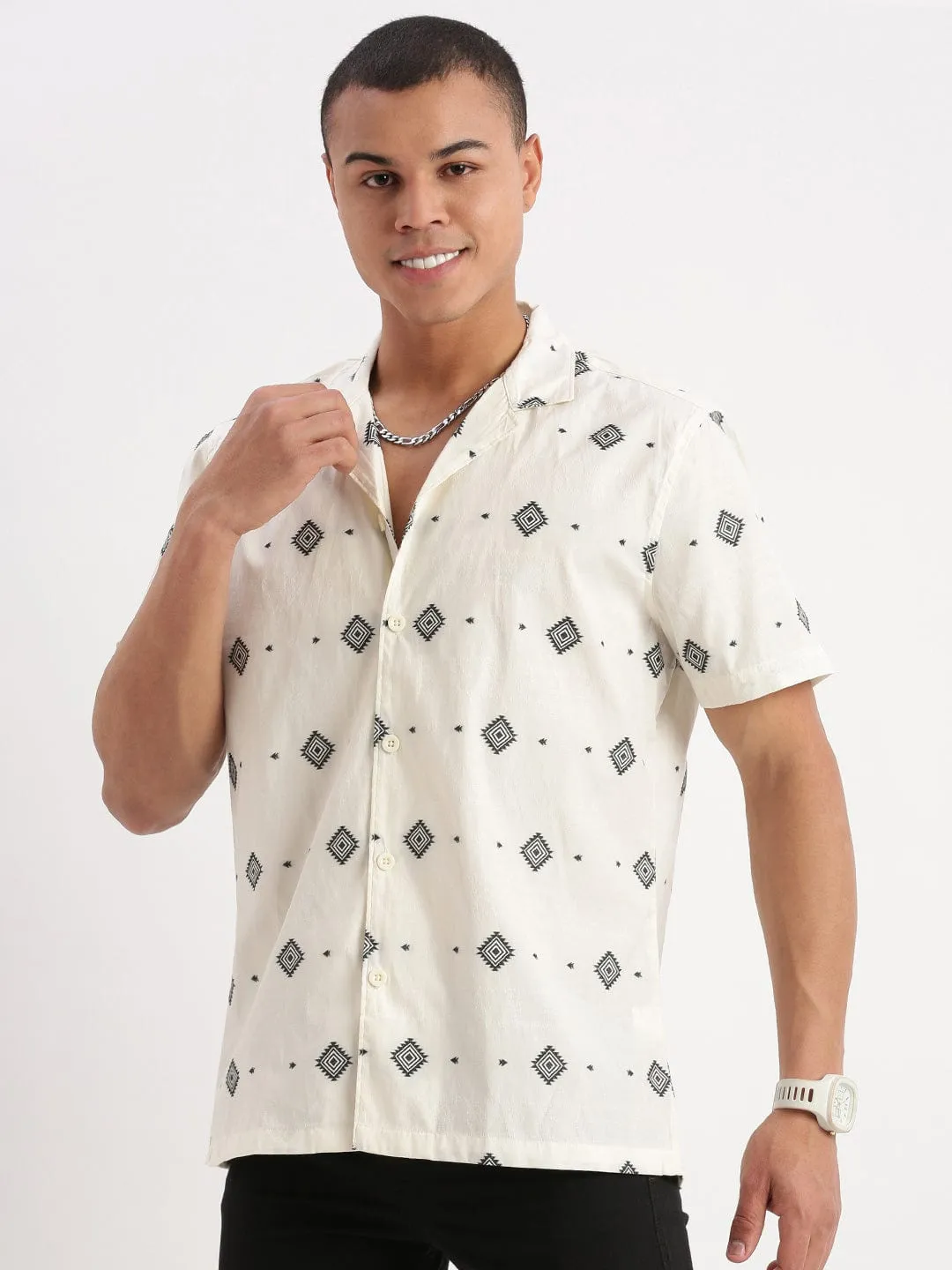 Men Cuban Collar Geometric Printed Cream Shirt