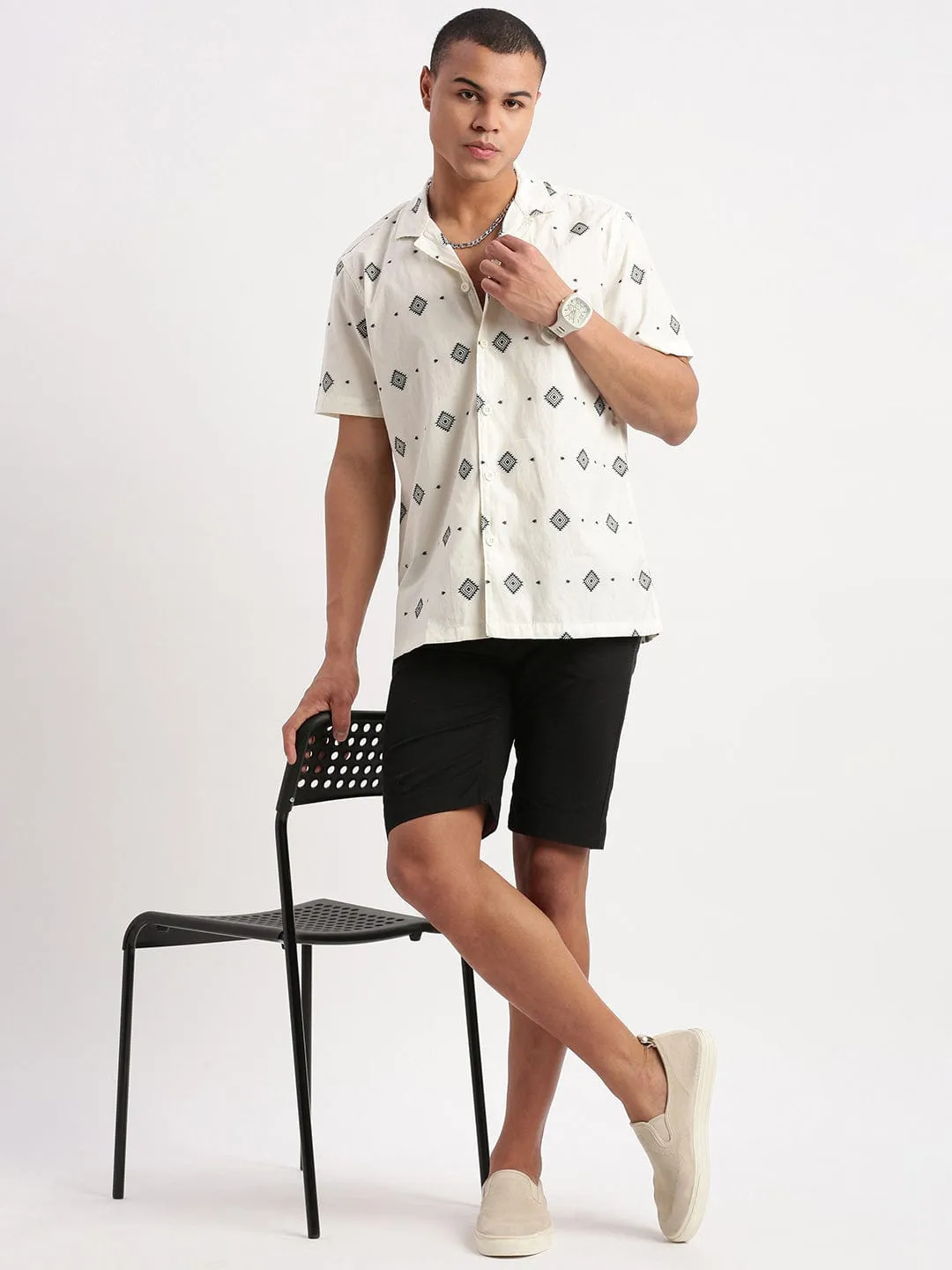 Men Cuban Collar Geometric Printed Cream Shirt