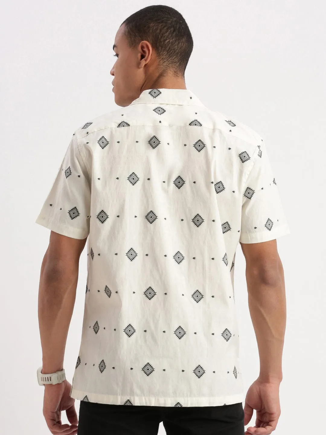 Men Cuban Collar Geometric Printed Cream Shirt