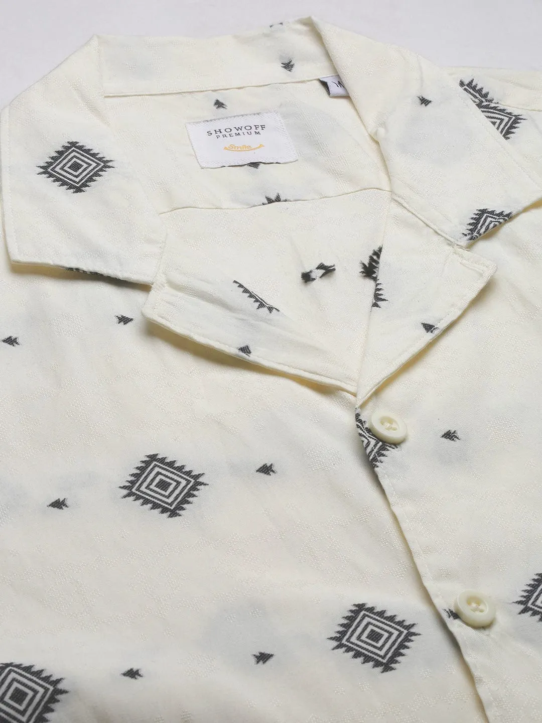 Men Cuban Collar Geometric Printed Cream Shirt
