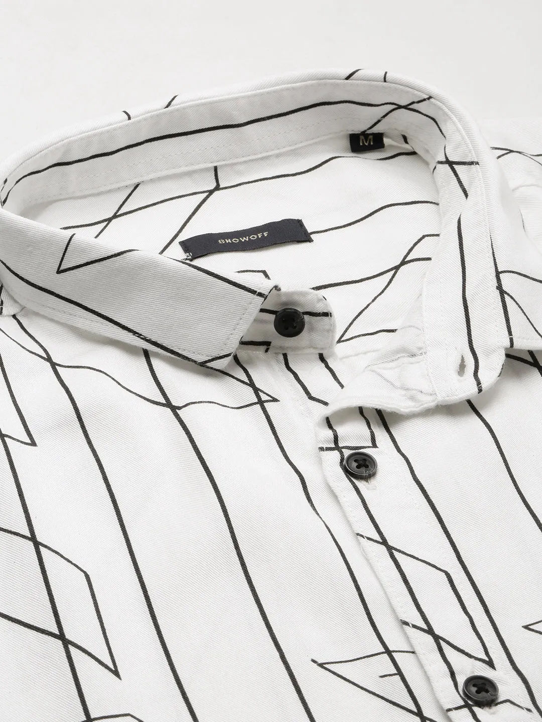 Men White Slim Fit Geometric Printed Weave Cotton Casual Shirt