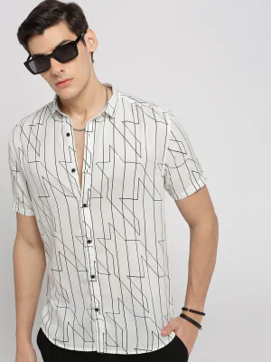 Men White Slim Fit Geometric Printed Weave Cotton Casual Shirt