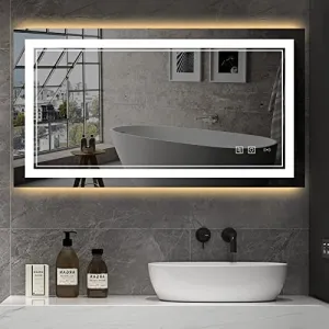 MIRROR WORLD modern and stylish glass led drassing mirror with three color-changing lighting feature sensor, and decorations (24 x 30) inches, wall-mounted,rectangular.