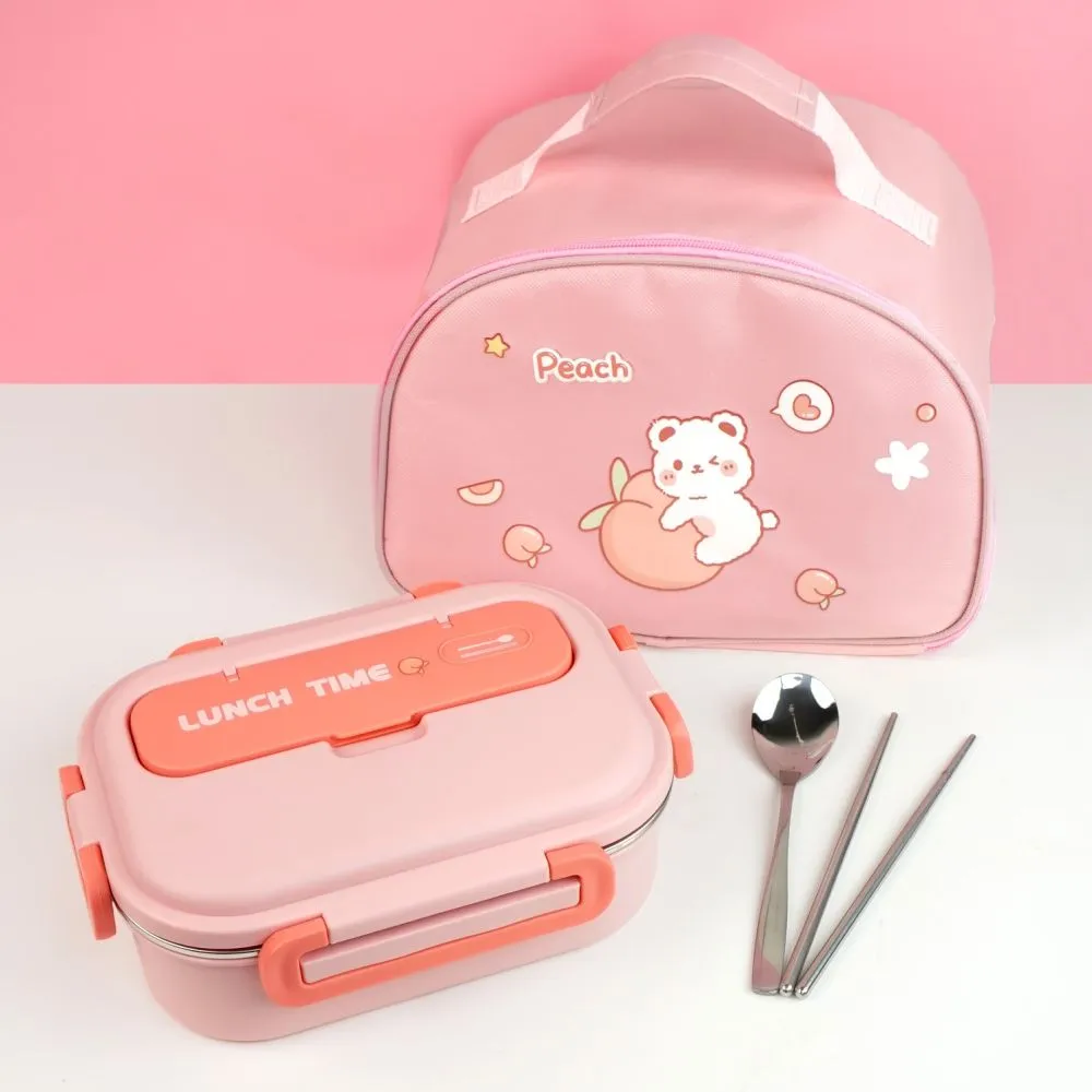 Pink Lunch Time 2 pcs Stainless Steel Kids Lunch Box with matching Lunch Bag