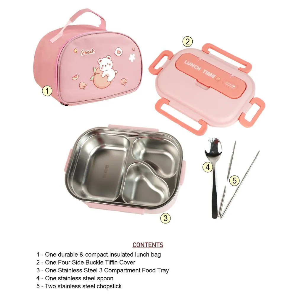 Pink Lunch Time 2 pcs Stainless Steel Kids Lunch Box with matching Lunch Bag