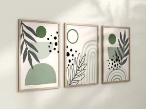 Set of 3 Boho Abstract Wall Sage Green Art Prints, Emerald Green, Greenery Boho Wall Decor Set of 3 Art Prints, Minimalist Wall Art