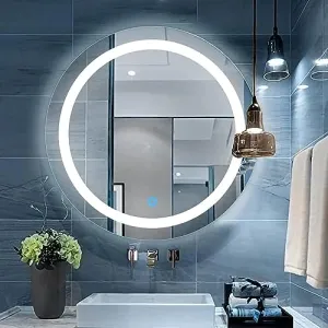 UNIQUE MIRROR led wall mirror and Modern Glass Bathroom Mirror with Three Color Modes: Wall Mounted with Front Light (Warm Light) Round Wall Mirror Pattern and size (21x21).